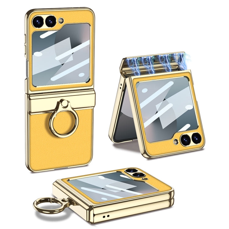For Samsung Galaxy Z Flip6 / Flip7 FE GKK Integrated Electroplated Litchi Texture Leather Phone Case with Ring(Yellow)