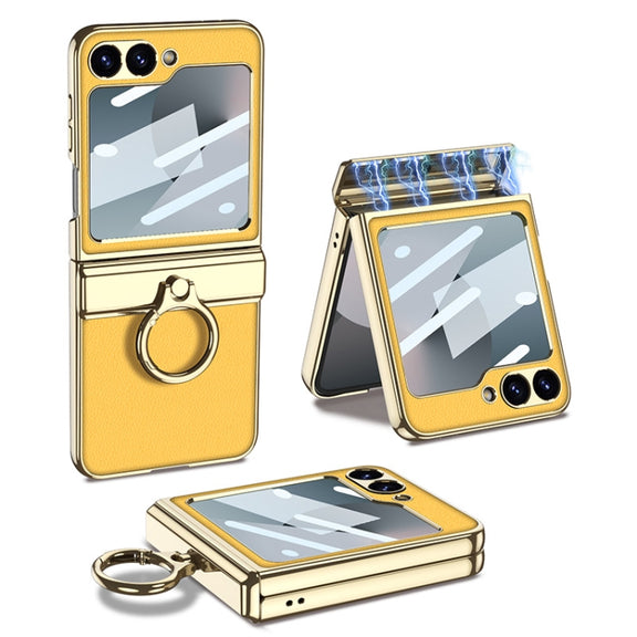 For Samsung Galaxy Z Flip6 / Flip7 FE GKK Integrated Electroplated Litchi Texture Leather Phone Case with Ring(Yellow)
