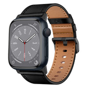 For Apple Watch SE 2023 44mm Wilderness Top-grain Leather Watch Band(Black Connector Black)