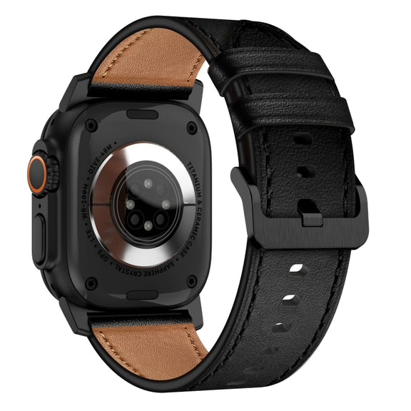 For Apple Watch Ultra 2 49mm Wilderness Top-grain Leather Watch Band(Black Connector Black)