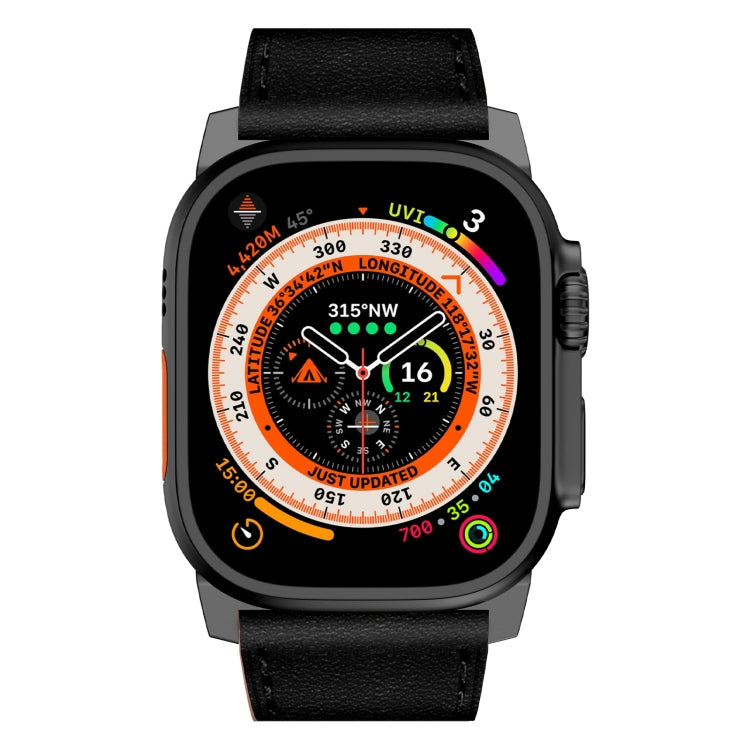 For Apple Watch Ultra 2 49mm Wilderness Top-grain Leather Watch Band(Black Connector Black)