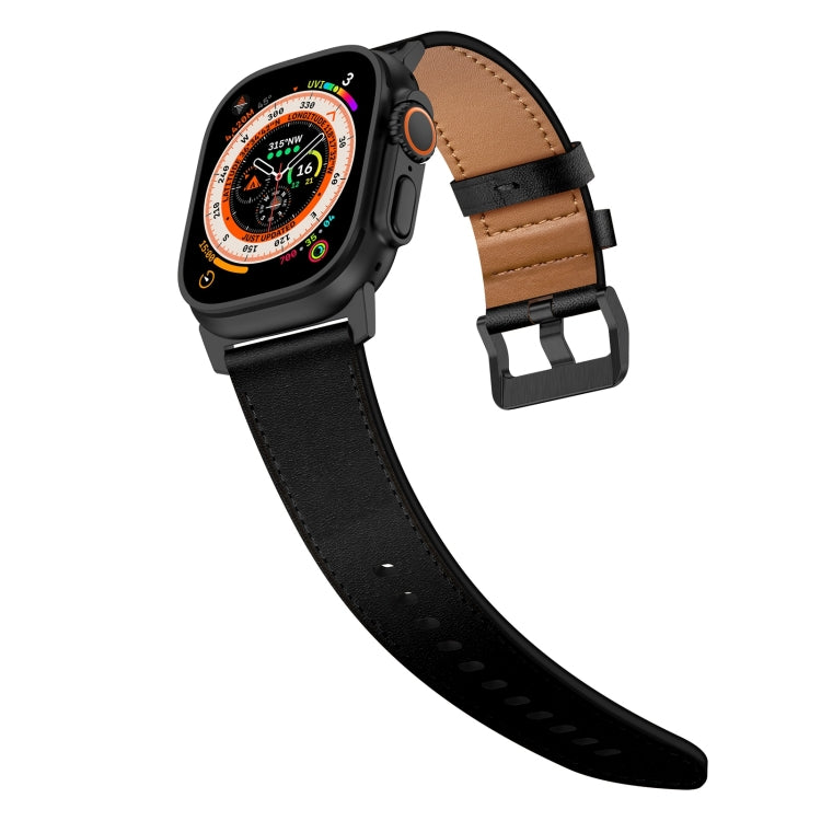 For Apple Watch Ultra 2 49mm Wilderness Top-grain Leather Watch Band(Black Connector Black)