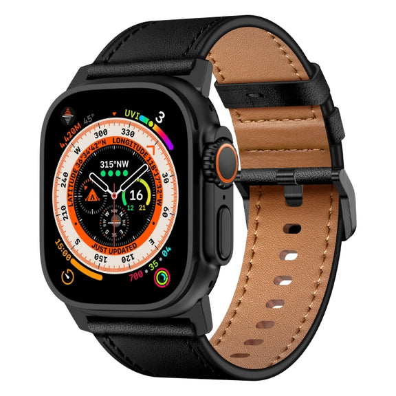 For Apple Watch Ultra 2 49mm Wilderness Top-grain Leather Watch Band(Black Connector Black)