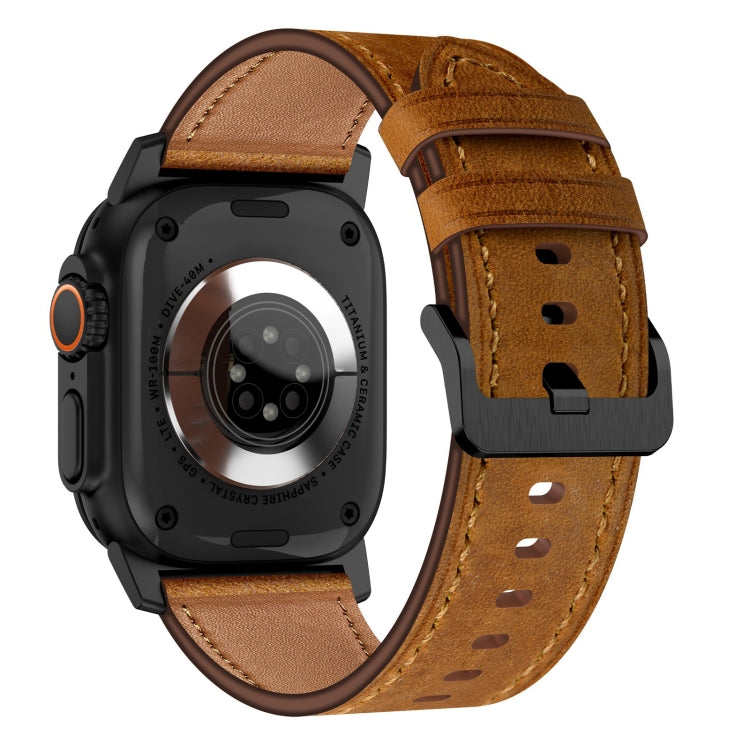 For Apple Watch Ultra 2 49mm Wilderness Top-grain Leather Watch Band(Black Connector Red Brown)