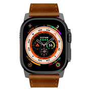 For Apple Watch Ultra 2 49mm Wilderness Top-grain Leather Watch Band(Black Connector Red Brown)