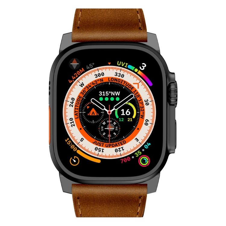 For Apple Watch Ultra 2 49mm Wilderness Top-grain Leather Watch Band(Black Connector Red Brown)