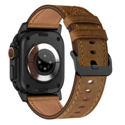 For Apple Watch Ultra 2 49mm Wilderness Top-grain Leather Watch Band(Black Connector Dark Brown)