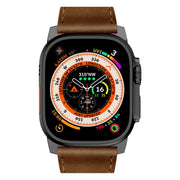 For Apple Watch Ultra 2 49mm Wilderness Top-grain Leather Watch Band(Black Connector Dark Brown)