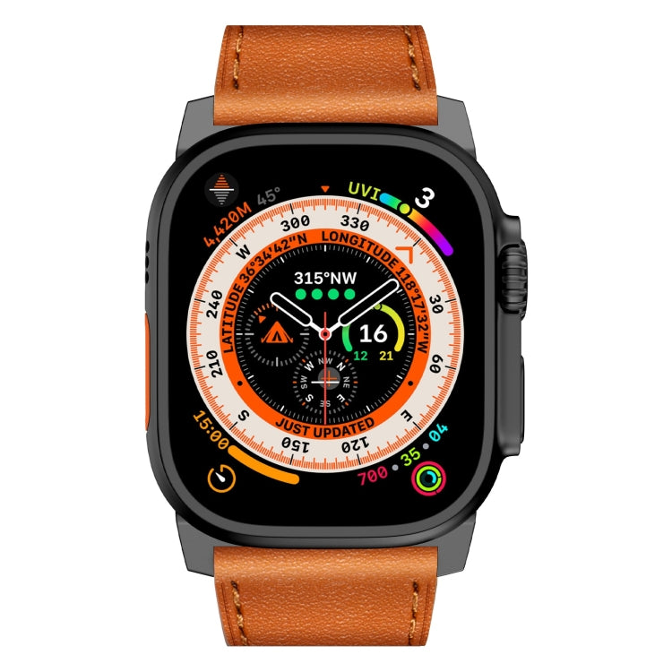 For Apple Watch Ultra 2 49mm Wilderness Top-grain Leather Watch Band(Black Connector Brown)