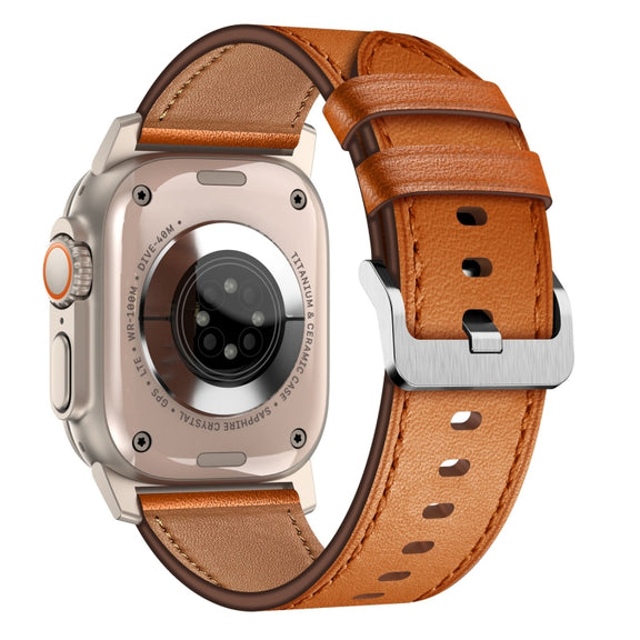 For Apple Watch Ultra 2 49mm Wilderness Top-grain Leather Watch Band(Titanium Connector Brown)