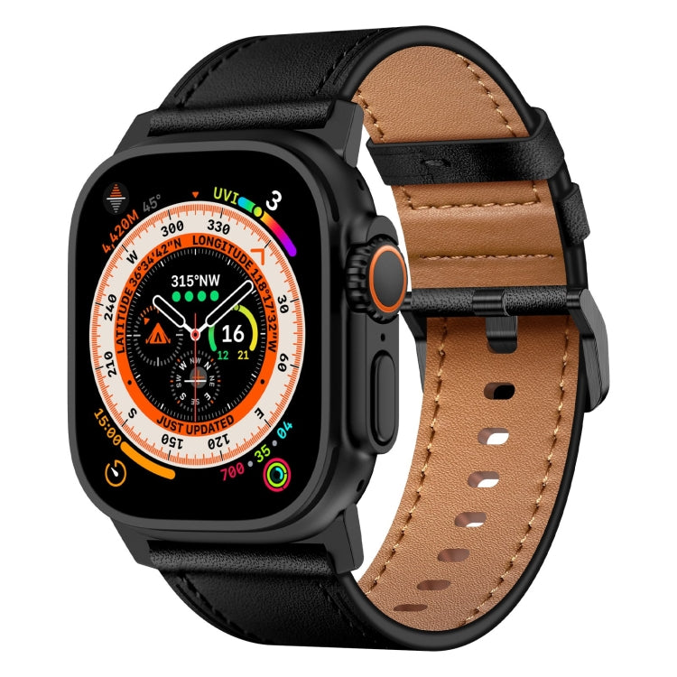 For Apple Watch Ultra 49mm Wilderness Top-grain Leather Watch Band(Black Connector Black)