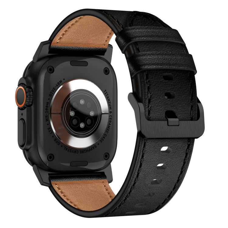 For Apple Watch Ultra 49mm Wilderness Top-grain Leather Watch Band(Black Connector Black)