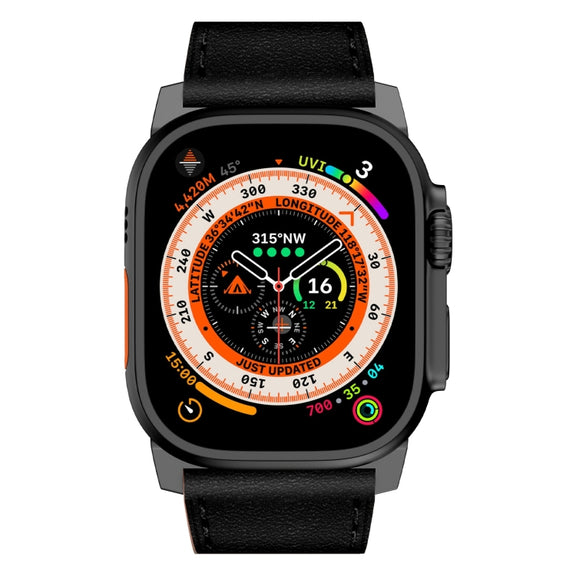 For Apple Watch Ultra 49mm Wilderness Top-grain Leather Watch Band(Black Connector Black)