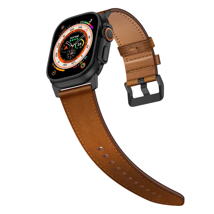For Apple Watch Ultra 49mm Wilderness Top-grain Leather Watch Band(Black Connector Red Brown)