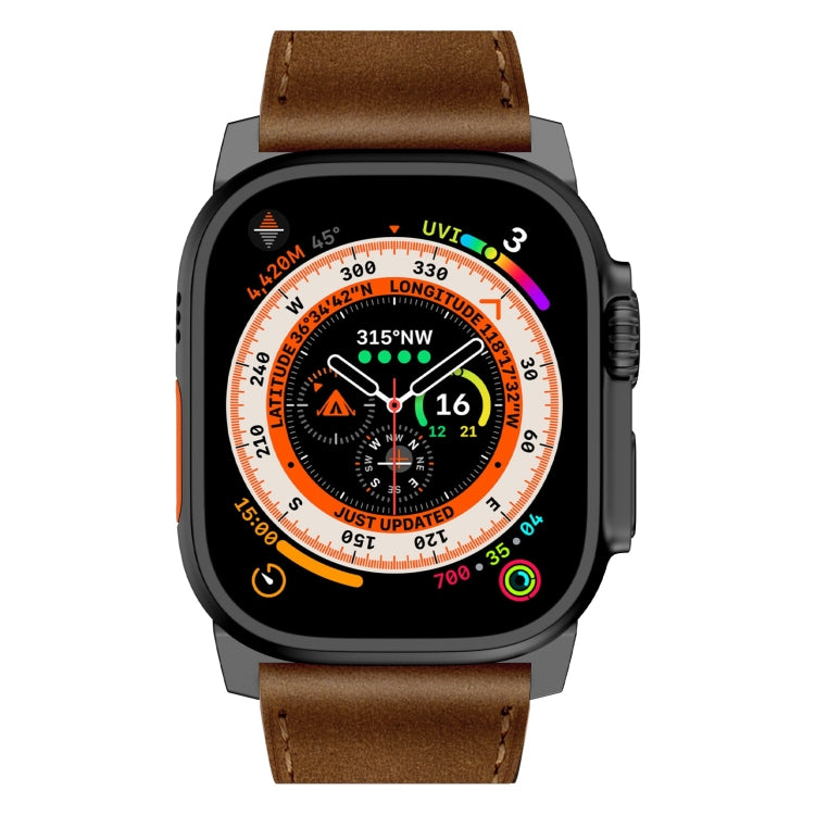 For Apple Watch Ultra 49mm Wilderness Top-grain Leather Watch Band(Black Connector Dark Brown)