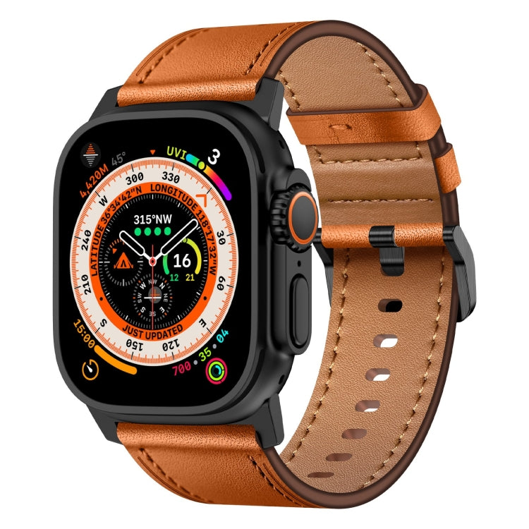 For Apple Watch Ultra 49mm Wilderness Top-grain Leather Watch Band(Black Connector Brown)