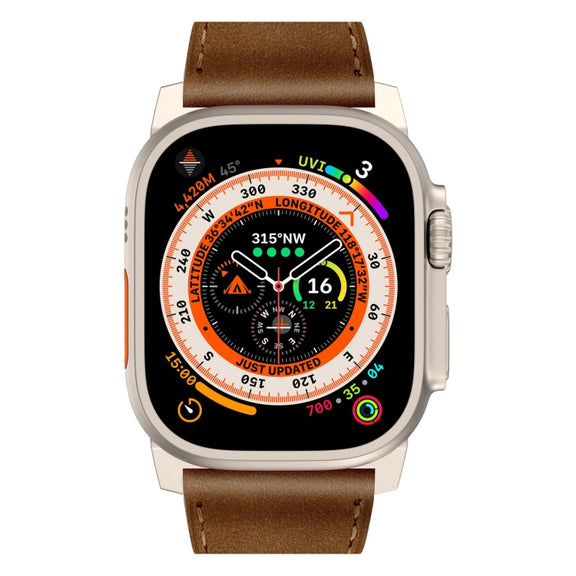 For Apple Watch Ultra 49mm Wilderness Top-grain Leather Watch Band(Titanium Connector Dark Brown)