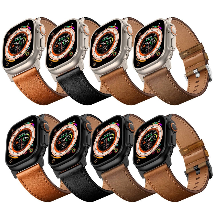 For Apple Watch Ultra 49mm Wilderness Top-grain Leather Watch Band(Black Connector Black)