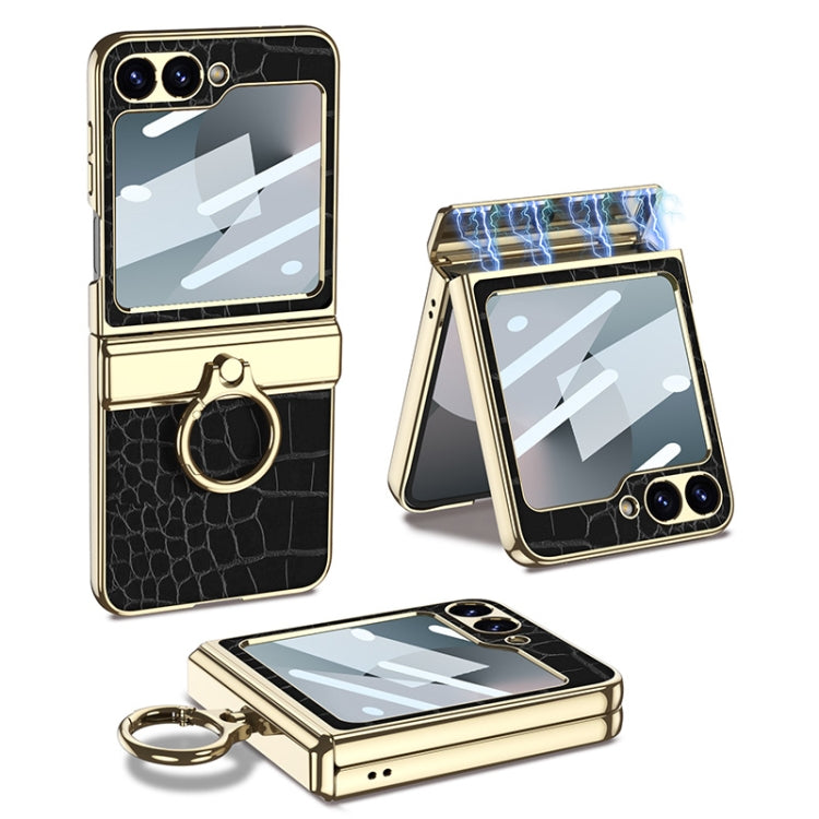 For Samsung Galaxy Z Flip6 / Flip7 FE GKK Integrated Electroplated Crocodile Texture Leather Phone Case with Ring(Black)