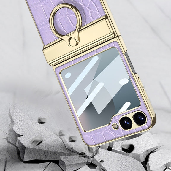 For Samsung Galaxy Z Flip6 / Flip7 FE GKK Integrated Electroplated Crocodile Texture Leather Phone Case with Ring(Black)