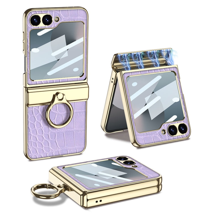 For Samsung Galaxy Z Flip6 / Flip7 FE GKK Integrated Electroplated Crocodile Texture Leather Phone Case with Ring(Purple)
