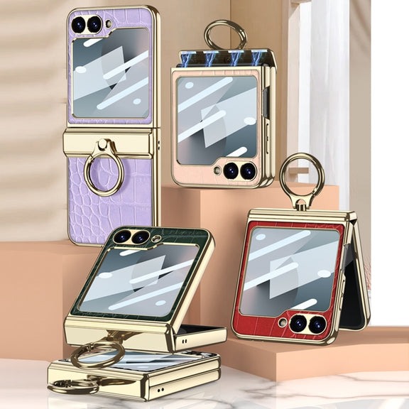 For Samsung Galaxy Z Flip6 / Flip7 FE GKK Integrated Electroplated Crocodile Texture Leather Phone Case with Ring(Red)