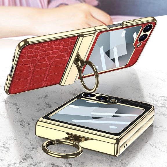 For Samsung Galaxy Z Flip6 / Flip7 FE GKK Integrated Electroplated Crocodile Texture Leather Phone Case with Ring(Red)