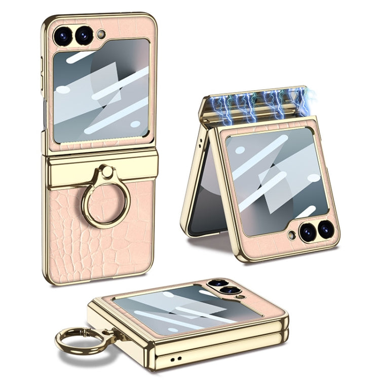For Samsung Galaxy Z Flip6 GKK Integrated Electroplated Crocodile Texture Leather Phone Case with Ring(Pink)