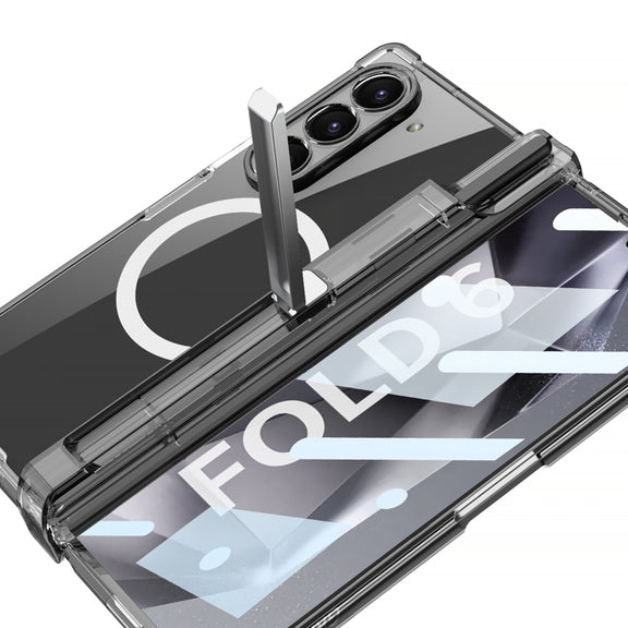 For Samsung Galaxy Z Fold6 GKK Integrated Airbag Hinge Full Coverage MagSafe Phone Case with Holder / Pen Box, Not Included Pen(Black)