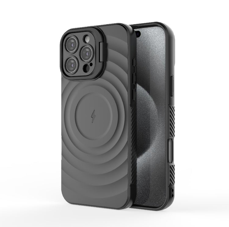 For iPhone 16 Pro Max Lens Frame Bracket Corrugated MagSafe Phone Case(Black)