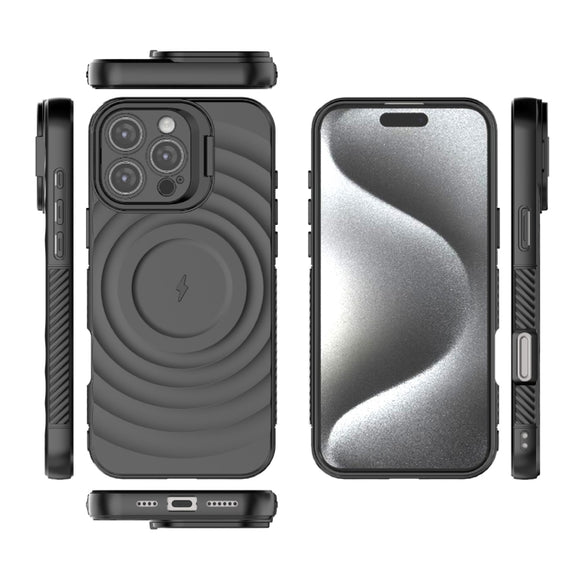 For iPhone 16 Pro Max Lens Frame Bracket Corrugated MagSafe Phone Case(Black)
