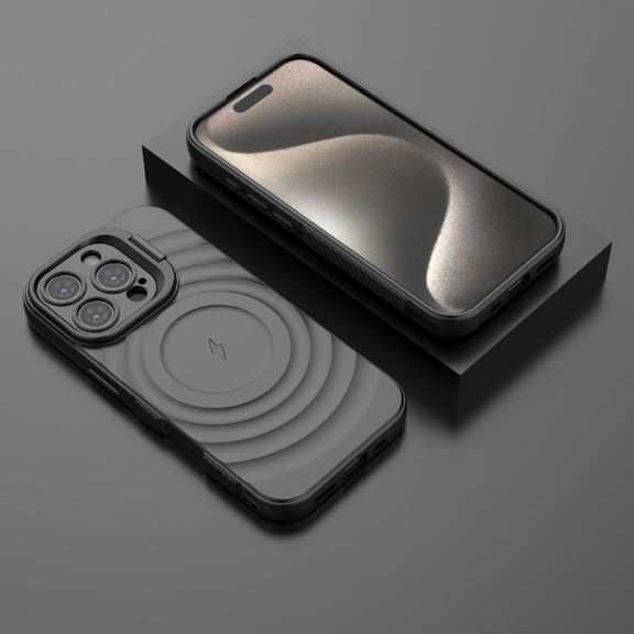 For iPhone 16 Pro Lens Frame Bracket Corrugated MagSafe Phone Case(Black)