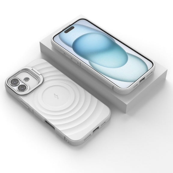 For iPhone 16 Plus Lens Frame Bracket Corrugated MagSafe Phone Case(White)