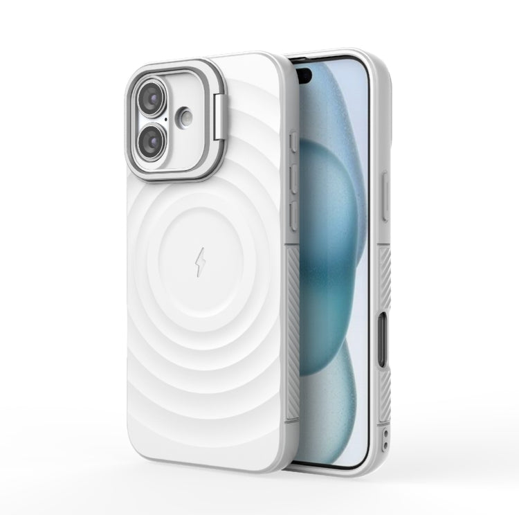 For iPhone 16 Plus Lens Frame Bracket Corrugated MagSafe Phone Case(White)