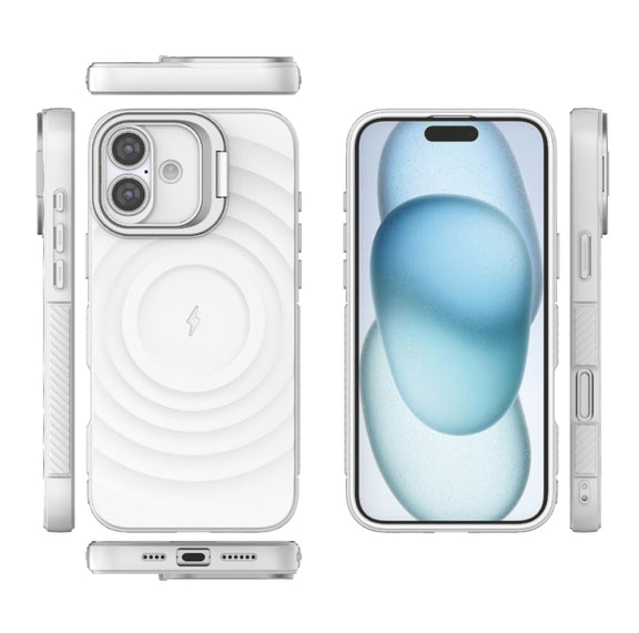 For iPhone 16 Plus Lens Frame Bracket Corrugated MagSafe Phone Case(White)