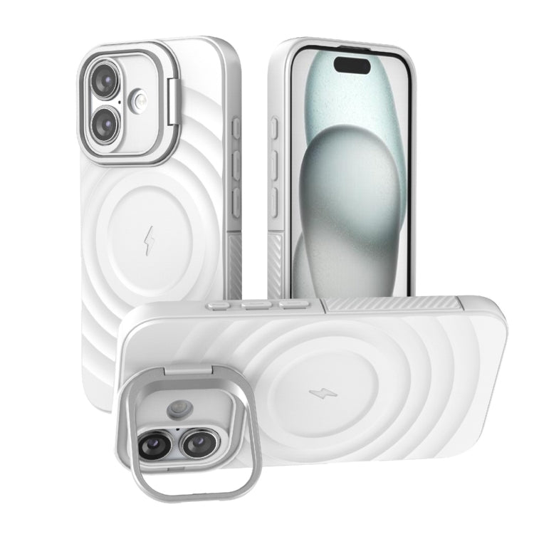 For iPhone 16 Lens Frame Bracket Corrugated MagSafe Phone Case(White)