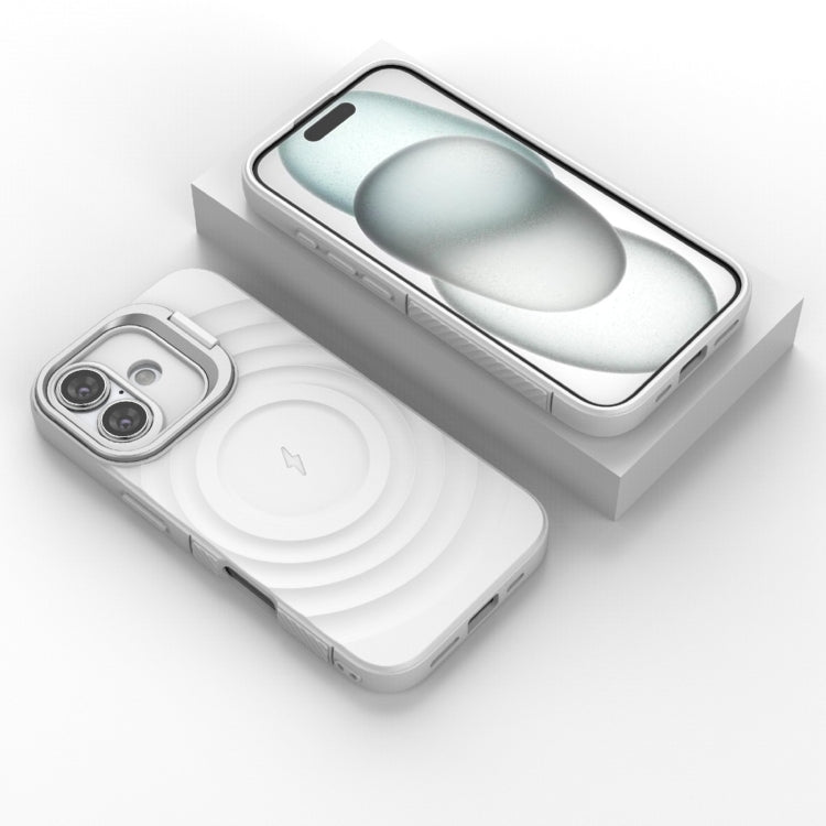 For iPhone 16 Lens Frame Bracket Corrugated MagSafe Phone Case(White)