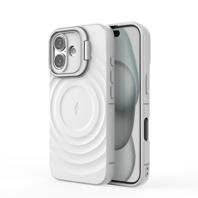 For iPhone 16 Lens Frame Bracket Corrugated MagSafe Phone Case(White)