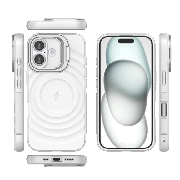 For iPhone 16 Lens Frame Bracket Corrugated MagSafe Phone Case(White)