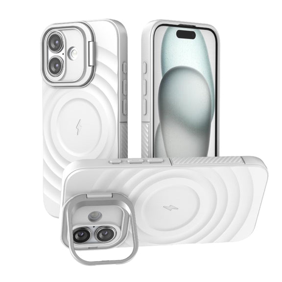 For iPhone 16 Lens Frame Bracket Corrugated MagSafe Phone Case(White)