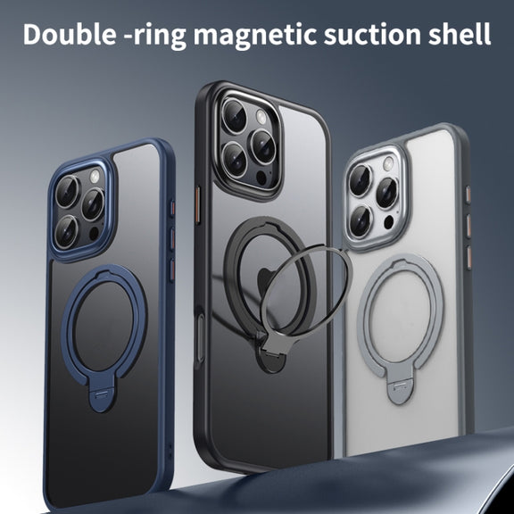 For iPhone 16 Pro Max Double Ring MagSafe Magnetic Holder Phone Case(Matte Black)