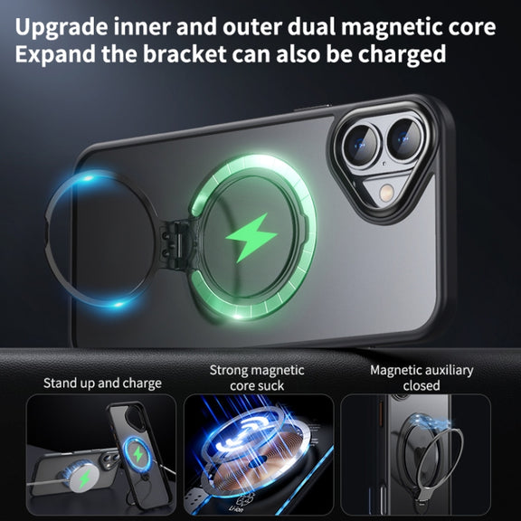 For iPhone 16 Plus Double Ring MagSafe Magnetic Holder Phone Case(Matte Grey)