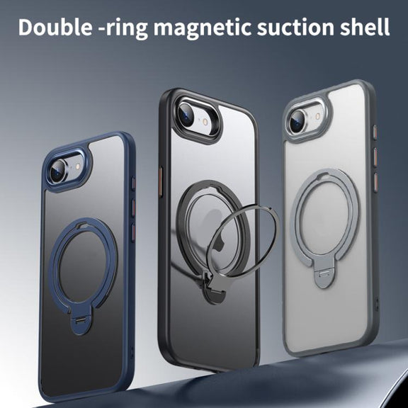 For iPhone 16e Double Ring MagSafe Magnetic Holder Phone Case(Matte Blue)