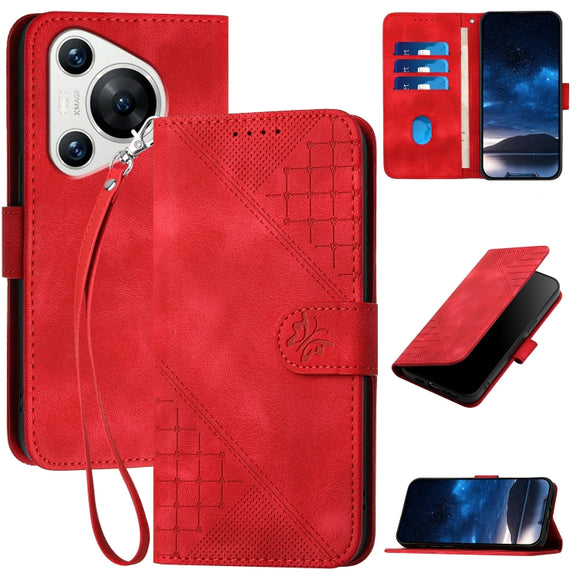 For Huawei Pura 70 YX0080 Grid Butterfly Embossed Pattern Flip Leather Phone Case with Lanyard(Red)