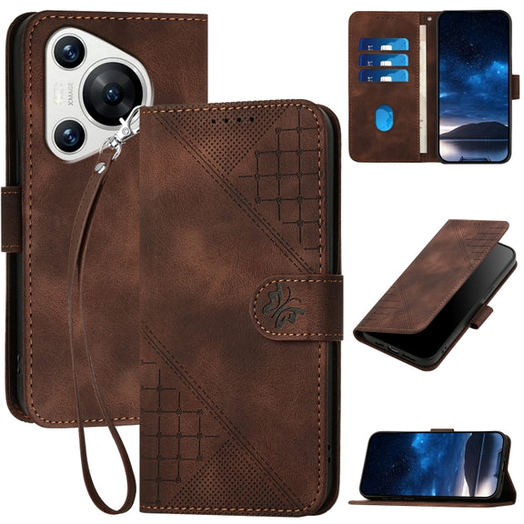 For Huawei Pura 70 YX0080 Grid Butterfly Embossed Pattern Flip Leather Phone Case with Lanyard(Coffee)