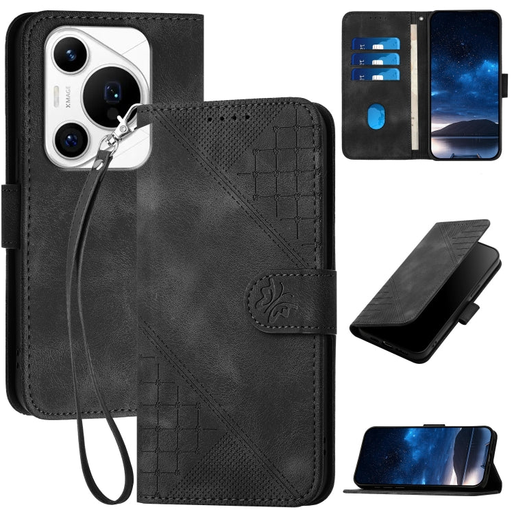 For Huawei Pura 70 Pro / 70 Pro+ YX0080 Grid Butterfly Embossed Pattern Flip Leather Phone Case with Lanyard(Black)