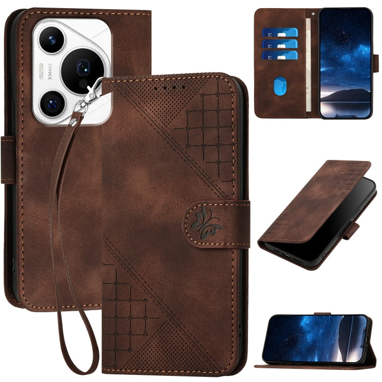 For Huawei Pura 70 Pro / 70 Pro+ YX0080 Grid Butterfly Embossed Pattern Flip Leather Phone Case with Lanyard(Coffee)
