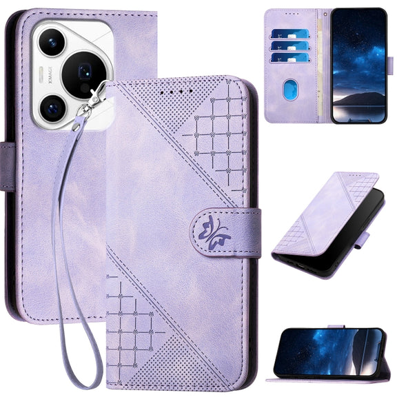 For Huawei Pura 70 Pro / 70 Pro+ YX0080 Grid Butterfly Embossed Pattern Flip Leather Phone Case with Lanyard(Light Purple)
