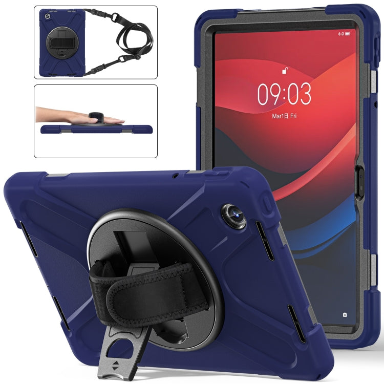 For Lenovo Tab M11 /Xiaoxin Pad 11 2024 Rotatable Holder Silicone Hybrid PC Tablet Case with Shoulder Strap(Navy Blue)