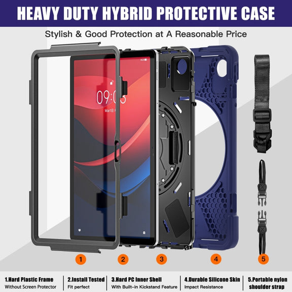For Lenovo Tab M11 /Xiaoxin Pad 11 2024 Rotatable Holder Silicone Hybrid PC Tablet Case with Shoulder Strap(Navy Blue)